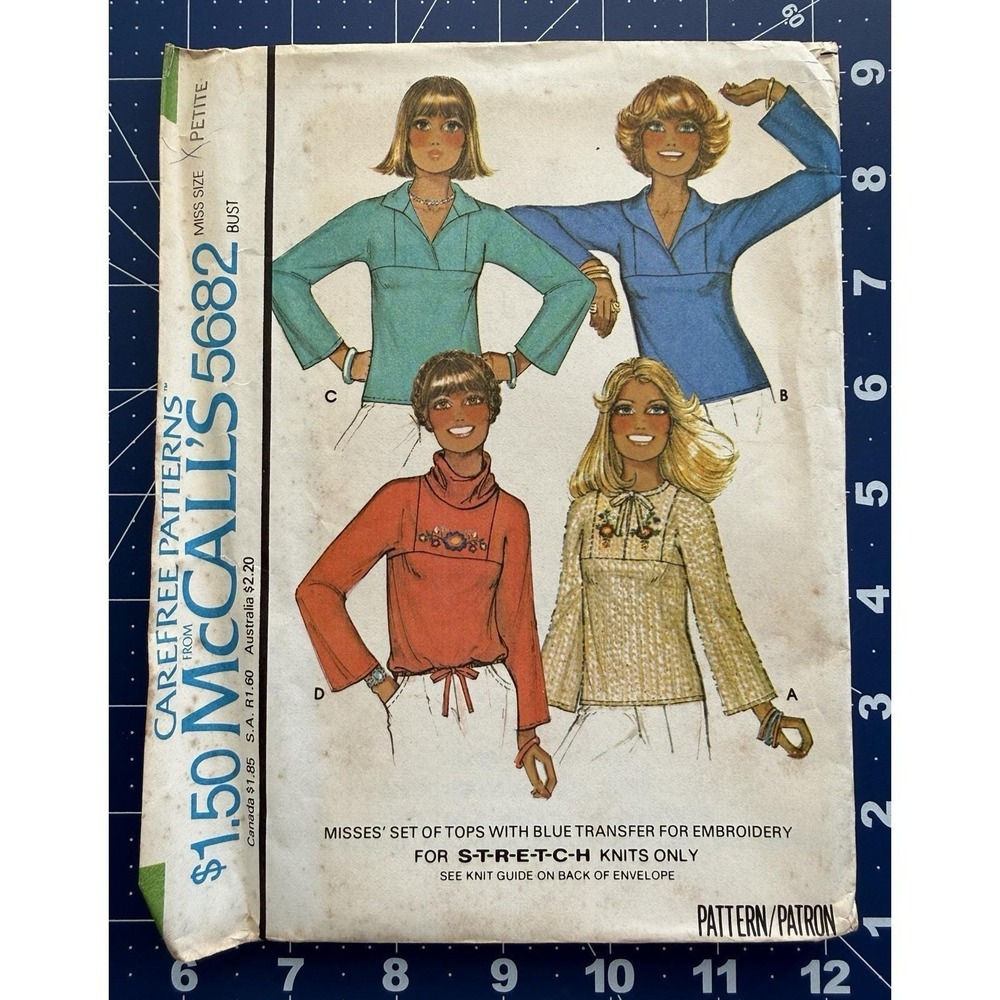 McCalls Carefree Pattern 5682 Misses' Set Of Tops w Embroidery TSF Sz 6-8 Petite